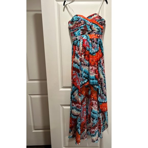 Aidan Mattox Strapless High Low Colorful Feather Print, 6 - Picture 5 of 6